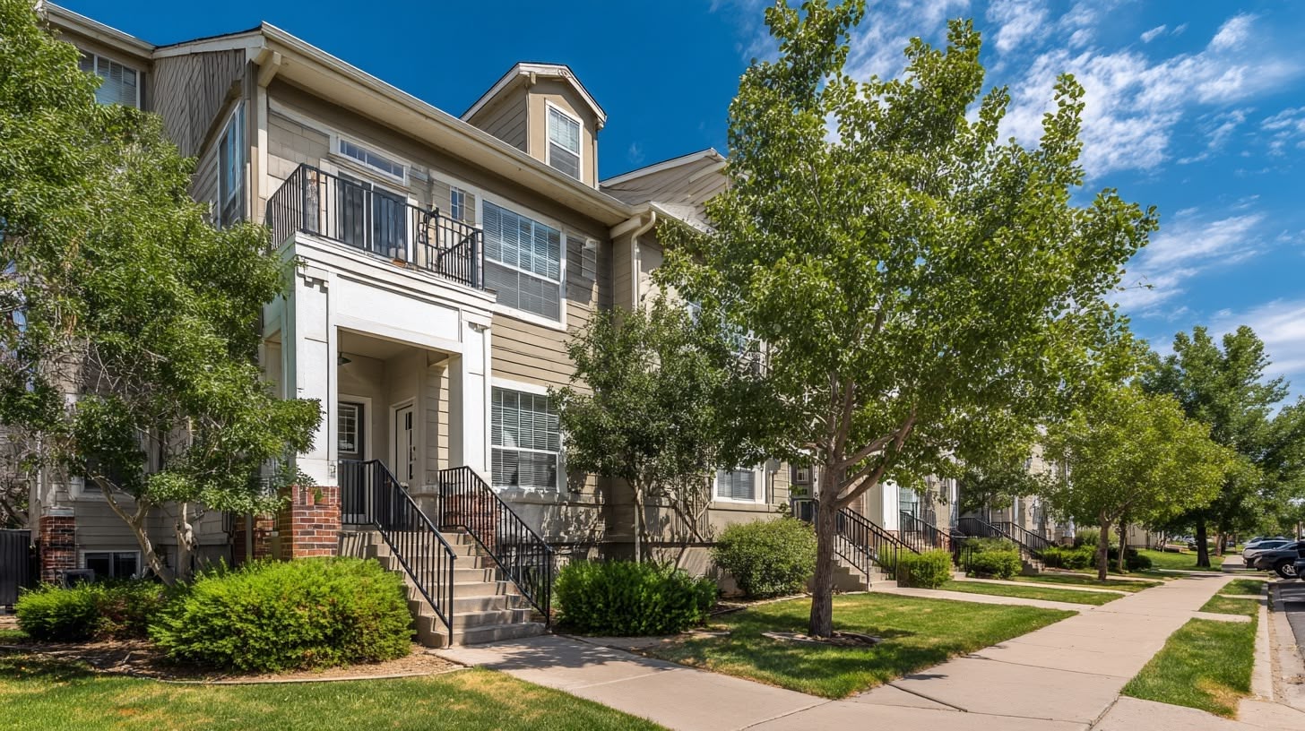 Modern suburban townhomes with front porches and mature trees in a Denver neighborhood