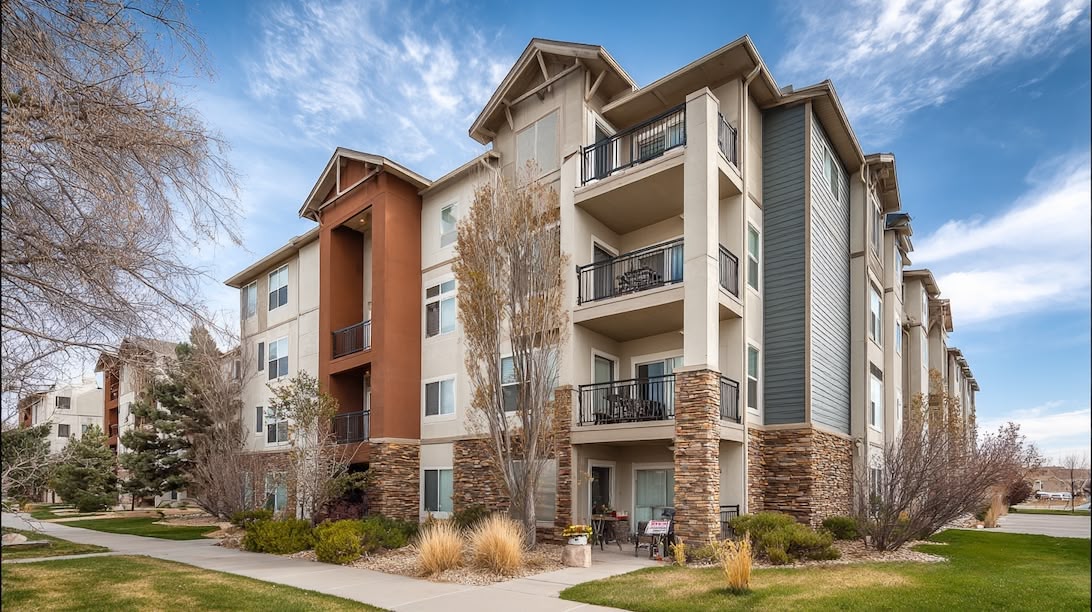 Upscale multi-story apartment building with balconies and stone accents in suburban Denver